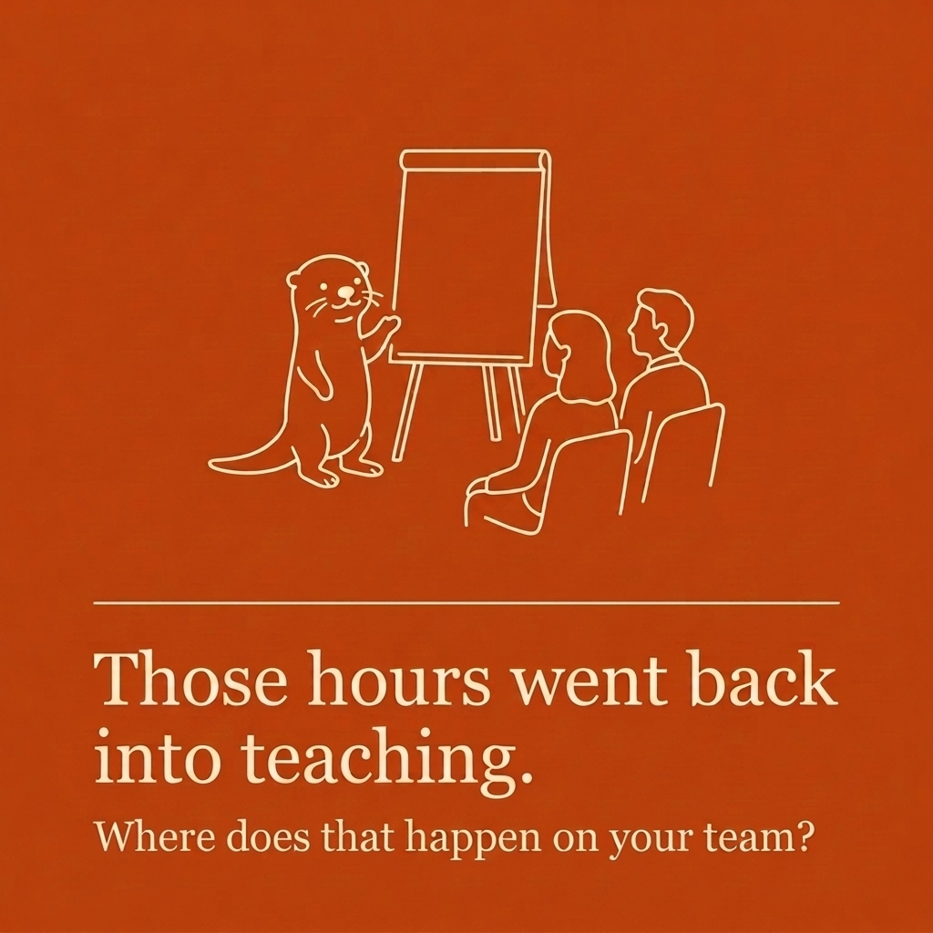Line drawing of an otter at a flip chart teaching three seated people