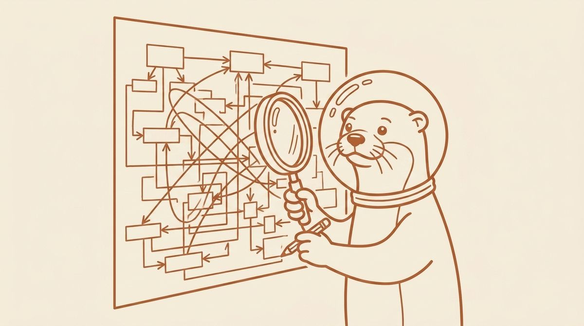 Desen în linii cu o vidră purtând o cască rotundă, care studiază cu lupa o diagramă de flux încâlcită